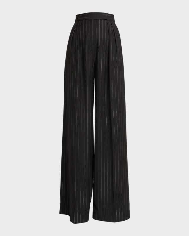 High-Rise Metallic Pinstripe Pleated Wide-Leg Trousers